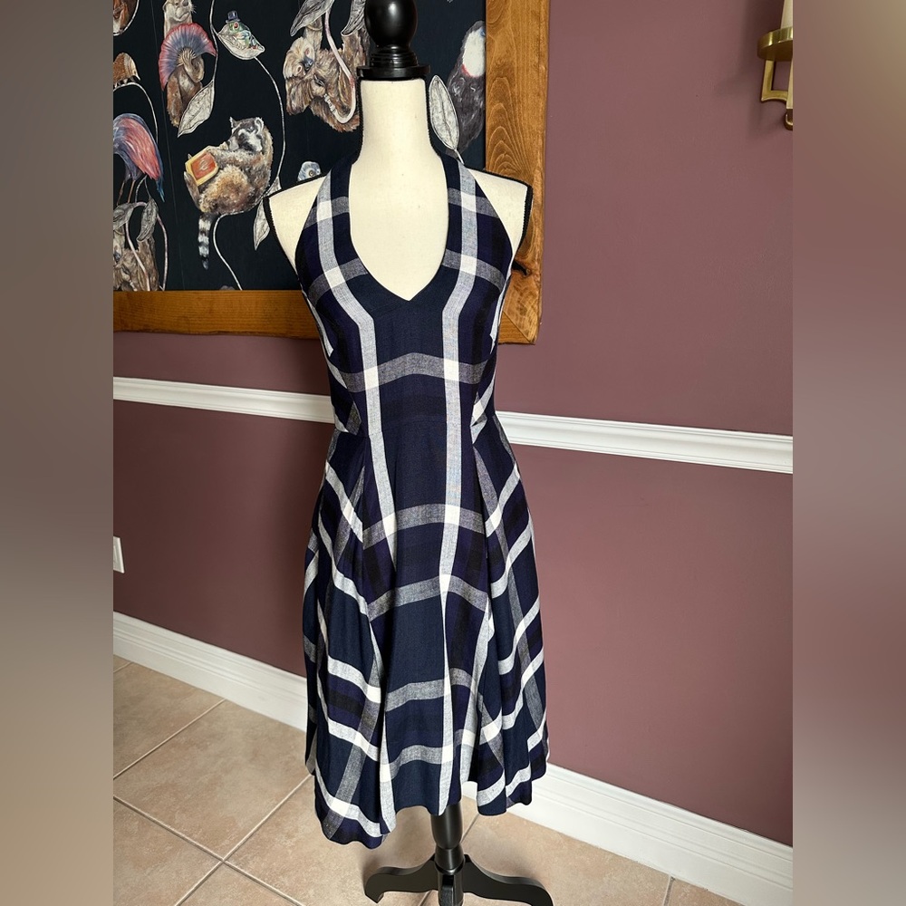 EUC Retro Anthropologie Eva Franco Anya Navy Plaid Halter Dress Size 2
